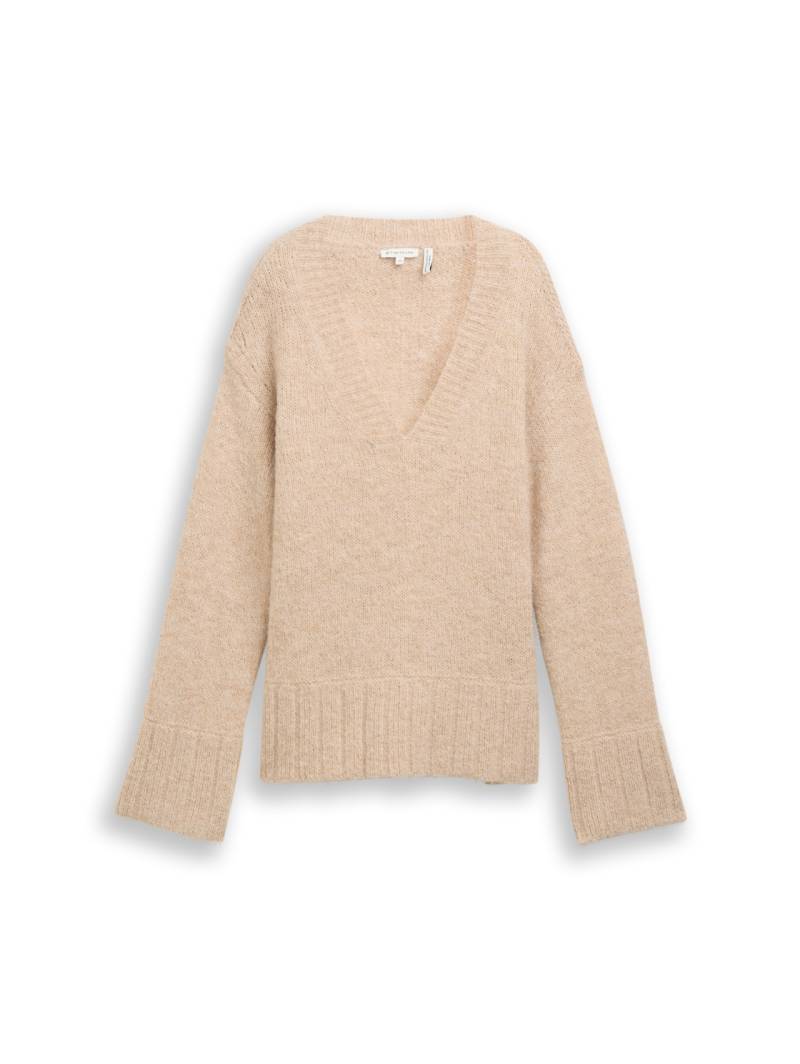 TOM TAILOR Damen Oversize Strickpullover mit Wollanteil, beige, Meliert, Gr. XXL von Tom Tailor
