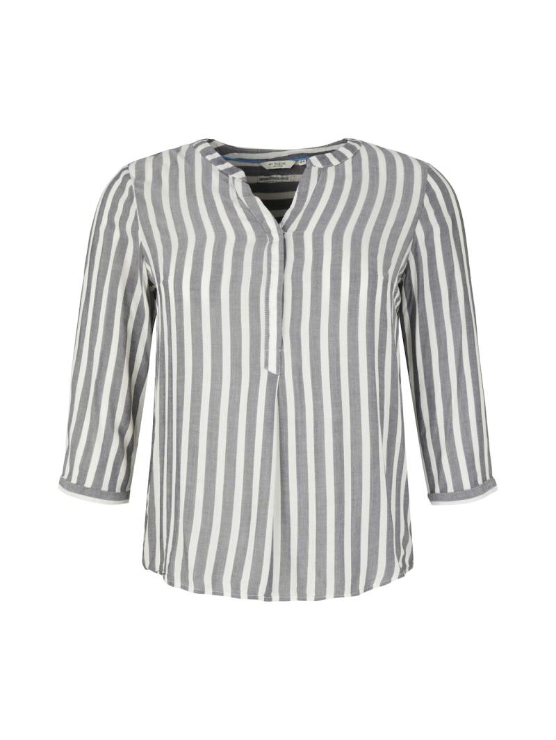 TOM TAILOR Damen Plus Size - Gestreifte Henleybluse mit LENZING™ ECOVERO™, weiß, Gestreift, Gr. 52 von Tom Tailor