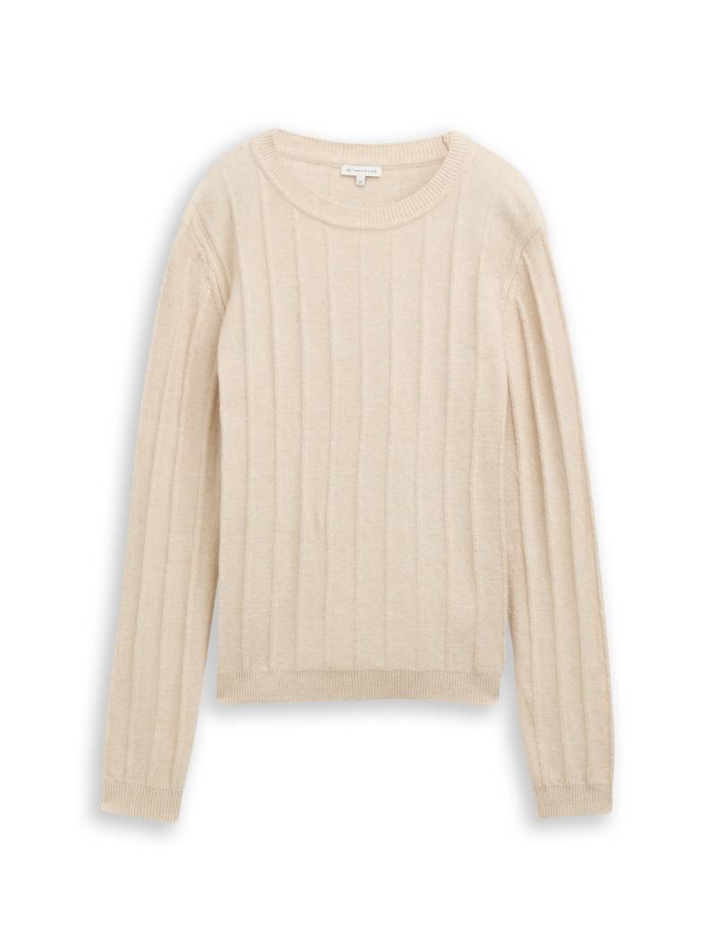 TOM TAILOR Damen Rib Strickpullover mit Wollanteil, beige, Meliert, Gr. XS von Tom Tailor