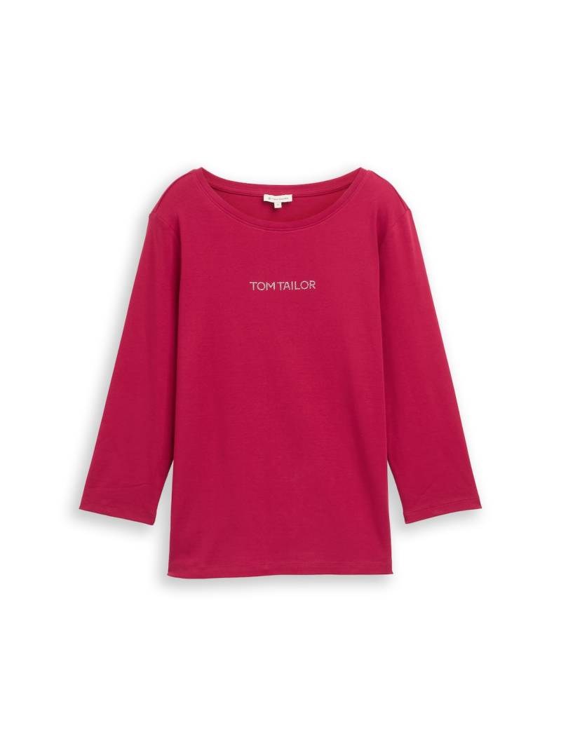 TOM TAILOR Damen Slim Fit Langarmshirt mit Glitzer-Logo, rot, Uni, Gr. S von Tom Tailor