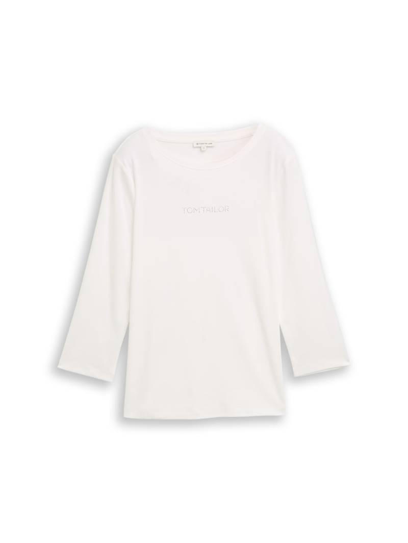 TOM TAILOR Damen Slim Fit Langarmshirt mit Glitzer-Logo, weiß, Uni, Gr. XL von Tom Tailor