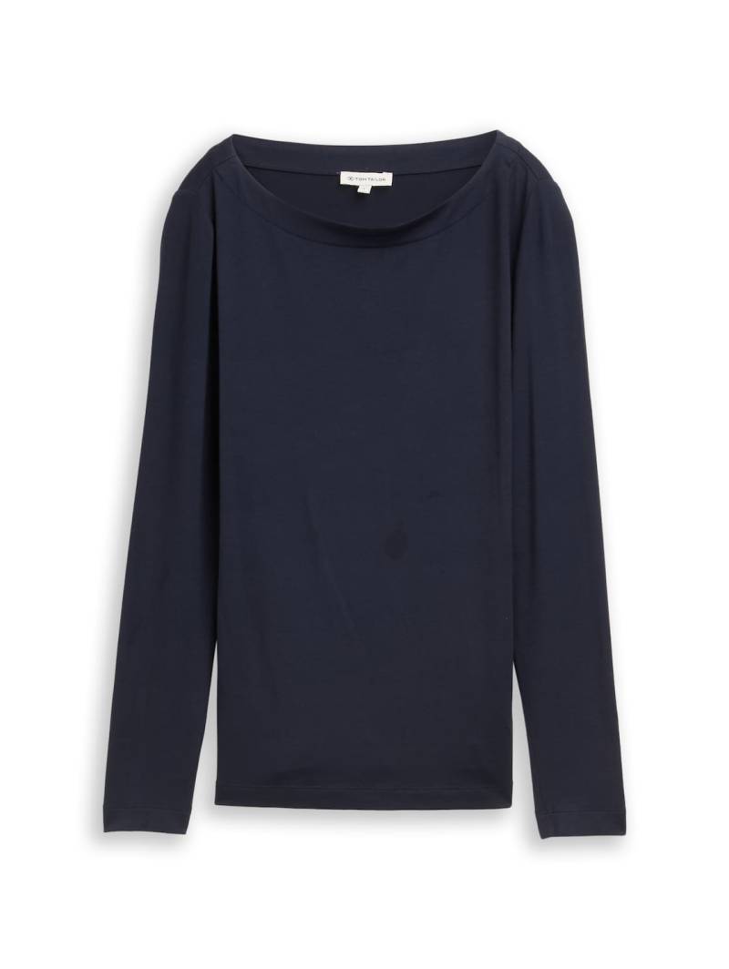 TOM TAILOR Damen Slim Fit Langarmshirt mit U-Boot-Ausschnitt, blau, Uni, Gr. L von Tom Tailor