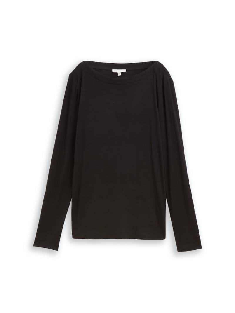 TOM TAILOR Damen Slim Fit Langarmshirt mit U-Boot-Ausschnitt, schwarz, Uni, Gr. M von Tom Tailor