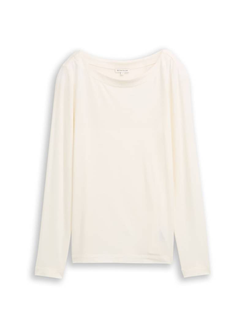 TOM TAILOR Damen Slim Fit Langarmshirt mit U-Boot-Ausschnitt, weiß, Uni, Gr. L von Tom Tailor