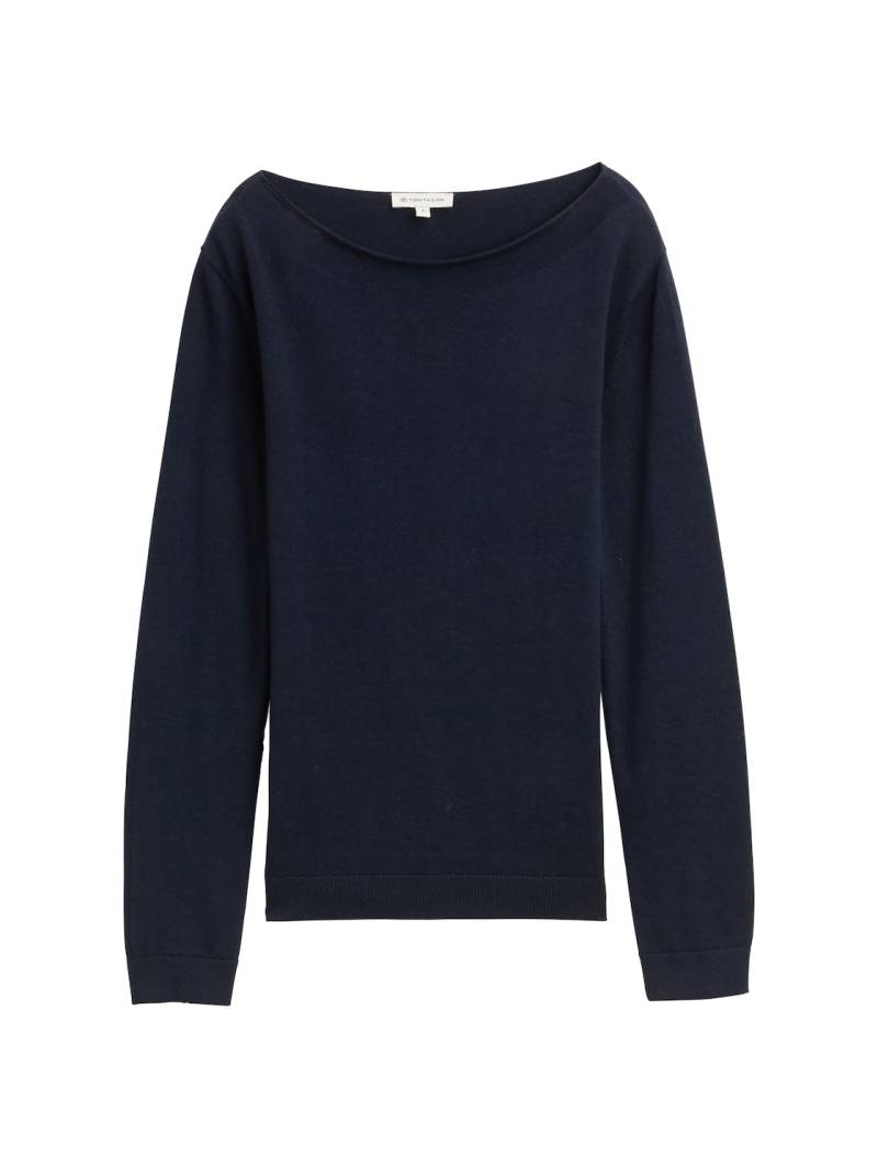 TOM TAILOR Damen Strickpullover mit U-Boot-Ausschnitt, blau, Uni, Gr. S von Tom Tailor