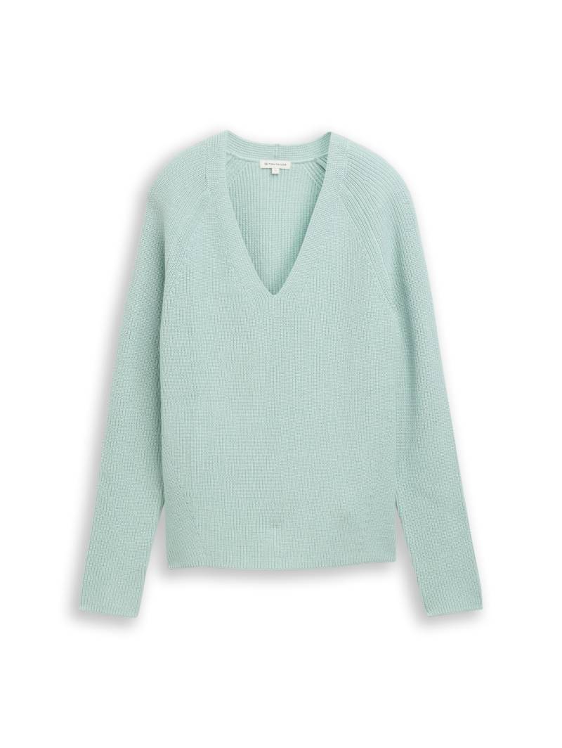 TOM TAILOR Damen Strickpullover mit V-Ausschnitt, blau, Uni, Gr. XS von Tom Tailor