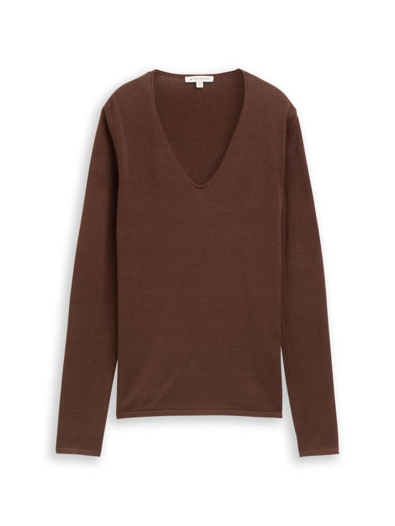 TOM TAILOR Damen Strickpullover mit V-Ausschnitt, braun, Uni, Gr. XXXL von Tom Tailor