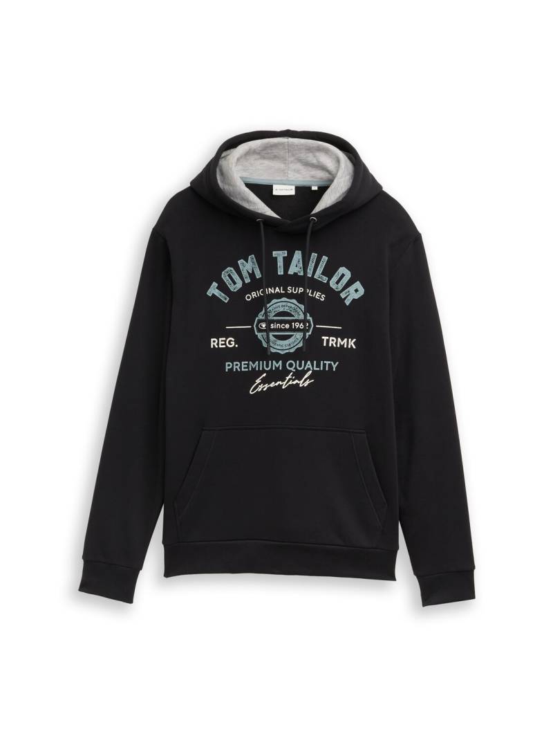 TOM TAILOR Herren Hoodie Sweatshirt mit Logo-Print, schwarz, Uni, Gr. L von Tom Tailor