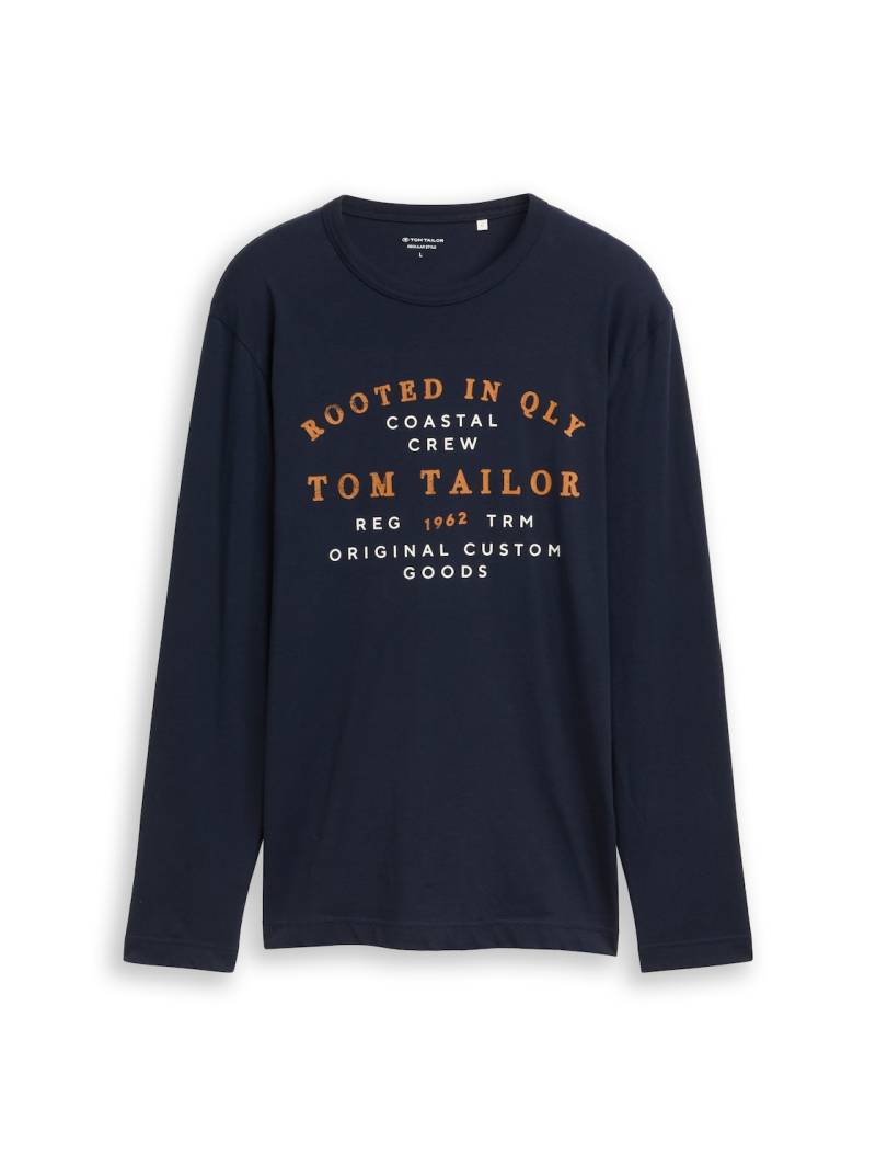 TOM TAILOR Herren Langarmshirt mit Logo-Print, blau, Uni, Gr. XXL von Tom Tailor