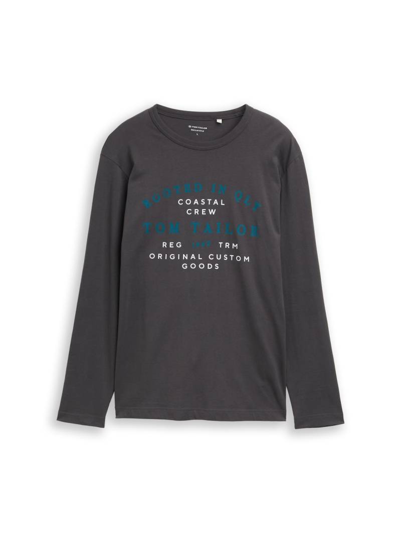 TOM TAILOR Herren Langarmshirt mit Logo-Print, schwarz, Uni, Gr. M von Tom Tailor