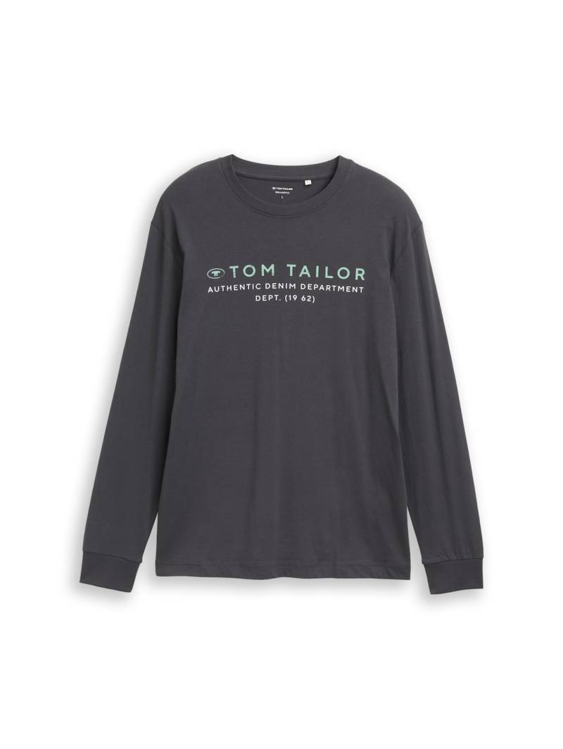 TOM TAILOR Herren Langarmshirt mit Logo-Print, schwarz, Uni, Gr. M von Tom Tailor