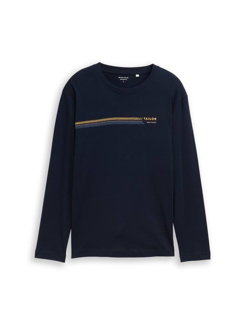 TOM TAILOR Herren Langarmshirt mit Print, blau, Uni, Gr. S von Tom Tailor