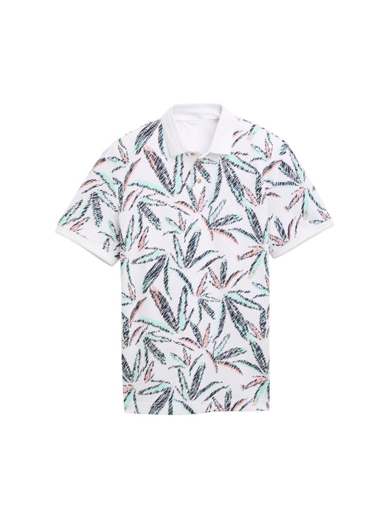 TOM TAILOR Herren Piqué Poloshirt mit Palmen-Print, weiß, Gemustert, Gr. M von Tom Tailor