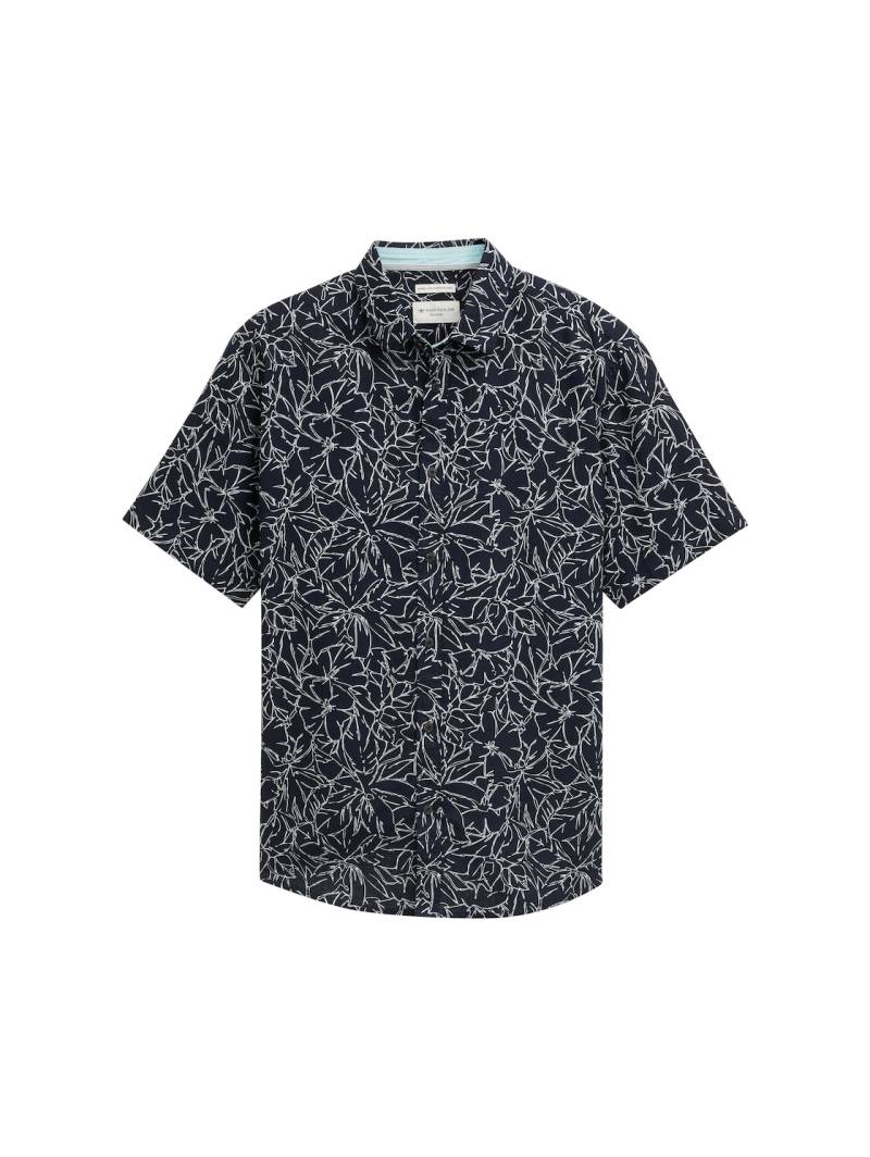 TOM TAILOR Herren Regular Fit Kurzarmhemd mit Leinenanteil, blau, Gemustert, Gr. S von Tom Tailor