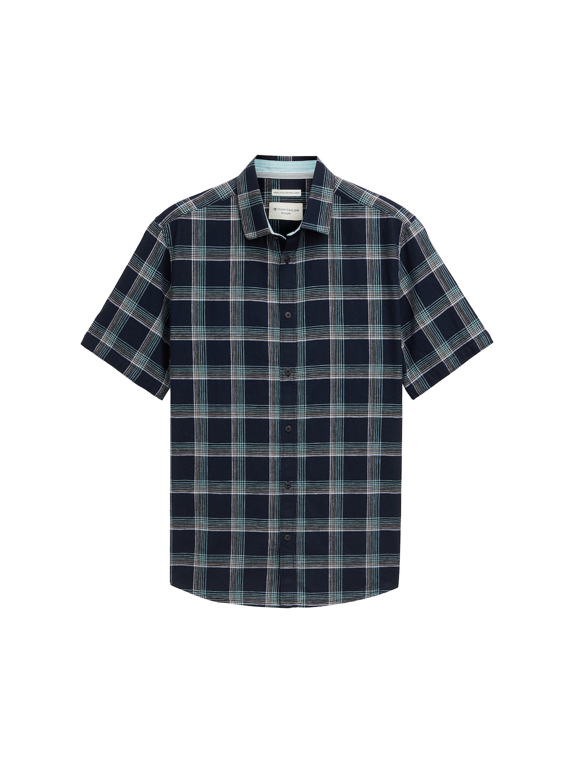 TOM TAILOR Herren Regular Fit Kurzarmhemd mit Leinenanteil, blau, Kariert, Gr. M von Tom Tailor