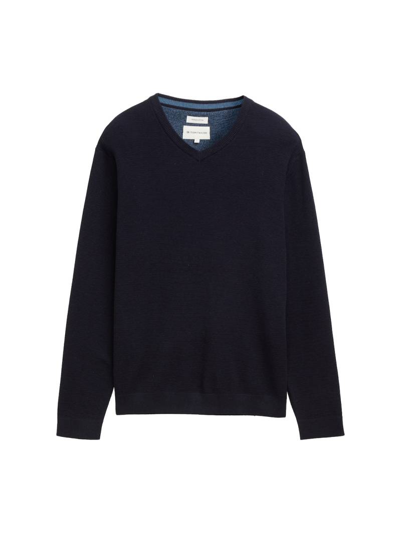 TOM TAILOR Herren Strickpullover mit V-Ausschnitt aus Bio-Baumwolle, blau, Meliert, Gr. XXL von Tom Tailor