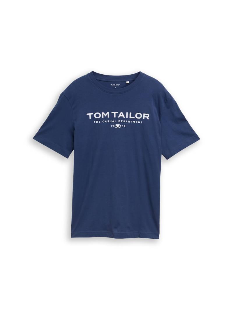 TOM TAILOR Herren T-Shirt aus Baumwolle mit Logo-Print, blau, Uni, Gr. XL von Tom Tailor