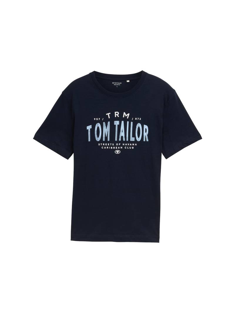 TOM TAILOR Herren T-Shirt mit Logo-Print, blau, Uni, Gr. M von Tom Tailor
