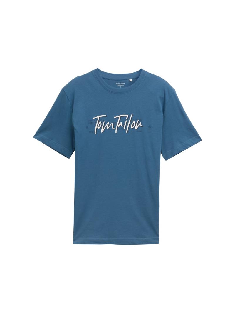 TOM TAILOR Herren T-Shirt mit Logo-Print, blau, Uni, Gr. M von Tom Tailor