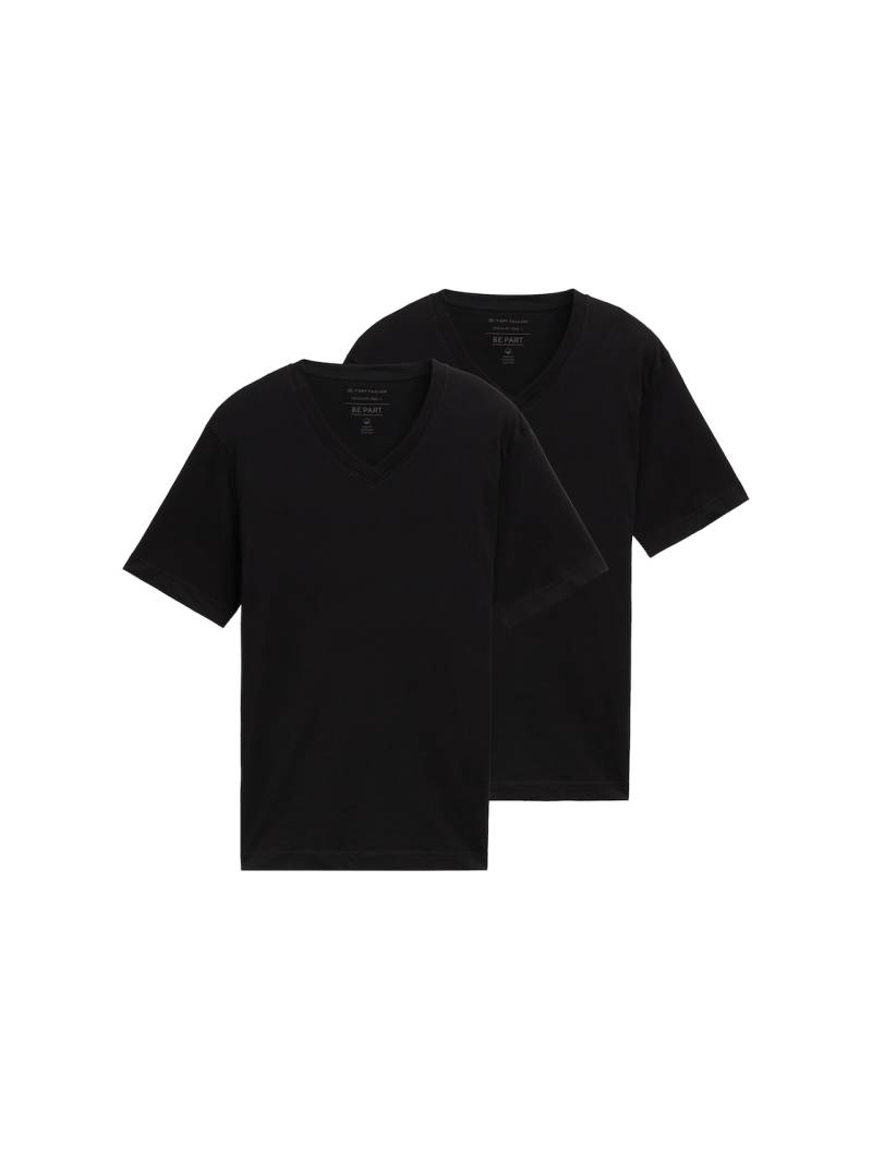 TOM TAILOR Herren Basic T-Shirt im Doppelpack mit V-Ausschnitt, schwarz, Uni, Gr. L von Tom Tailor