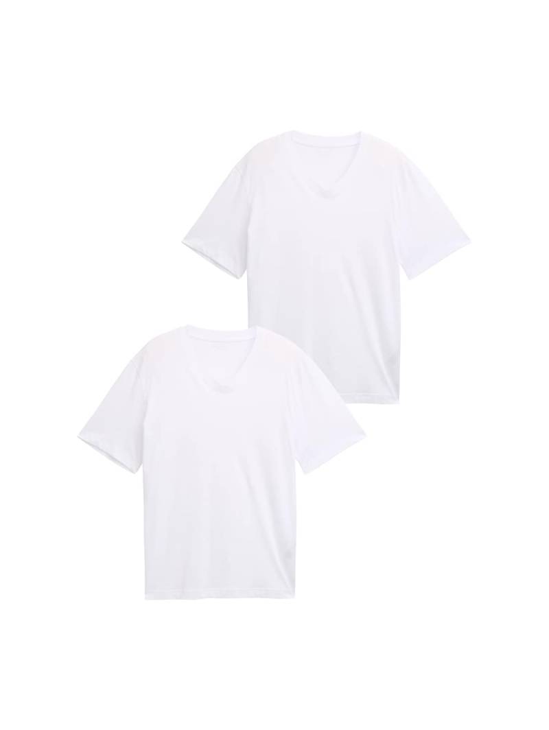TOM TAILOR Herren T-Shirts mit V-Ausschnitt im 2er-Pack, weiß, Uni, Gr. M von Tom Tailor