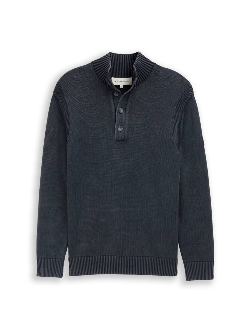TOM TAILOR Herren Troyer Strickpullover im Washed-Look aus Baumwolle, blau, Uni, Gr. XXL von Tom Tailor