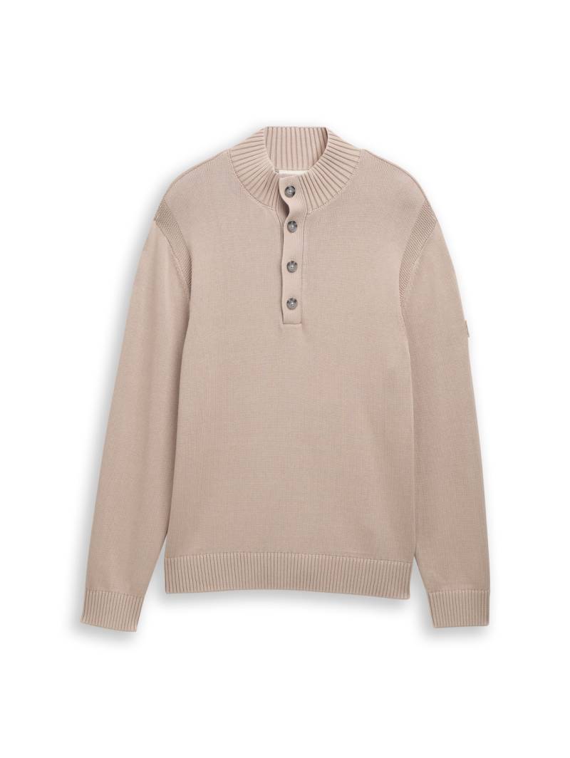TOM TAILOR Herren Troyer Strickpullover im Washed-Look aus Baumwolle, braun, Uni, Gr. XXL von Tom Tailor