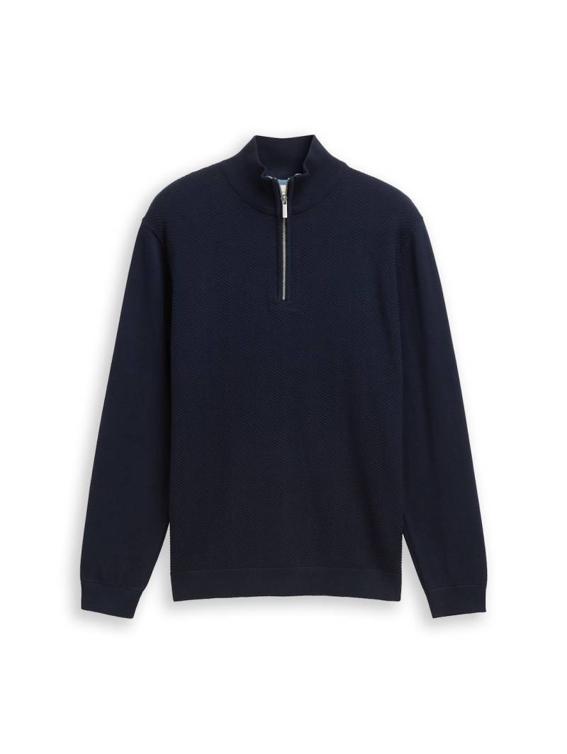 TOM TAILOR Herren Troyer Strickpullover mit Fischgrät-Struktur, blau, Uni, Gr. XXL von Tom Tailor