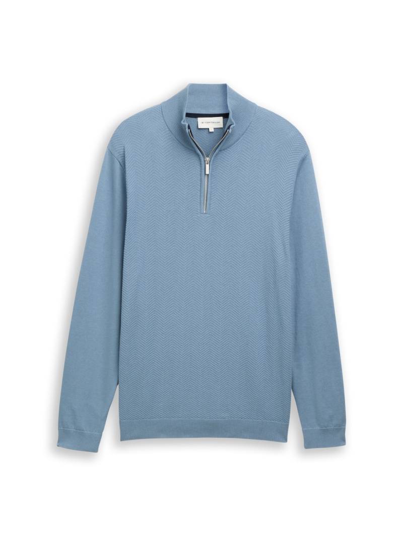 TOM TAILOR Herren Troyer Strickpullover mit Fischgrät-Struktur, blau, Uni, Gr. XXL von Tom Tailor