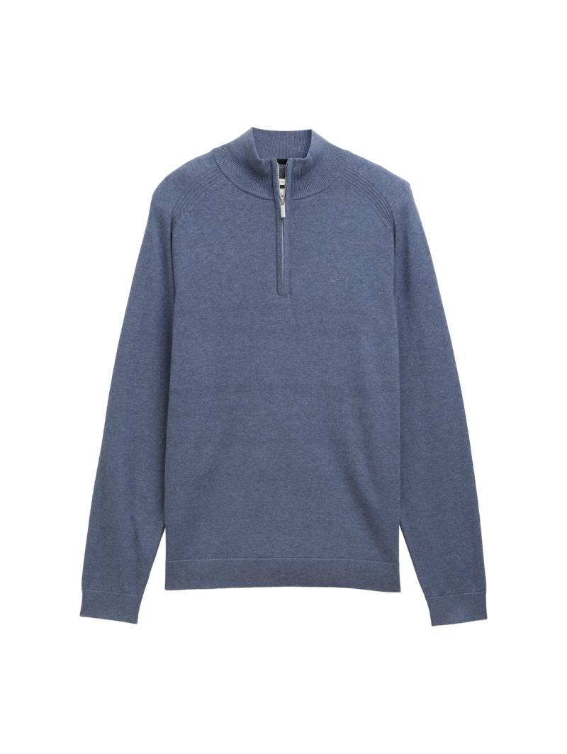 TOM TAILOR Herren Troyer Strickpullover mit Logo-Stickerei, blau, Meliert, Gr. S von Tom Tailor