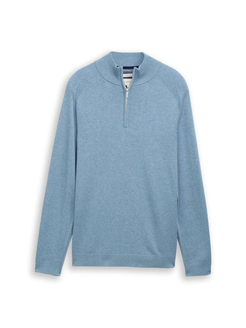 TOM TAILOR Herren Troyer Strickpullover mit Logo-Stickerei, blau, Meliert, Gr. XL von Tom Tailor