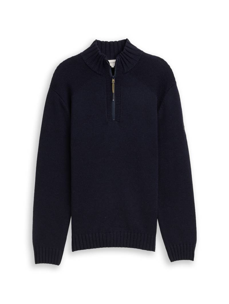 TOM TAILOR Herren Troyer Strickpullover mit Ripp-Details, blau, Meliert, Gr. L von Tom Tailor