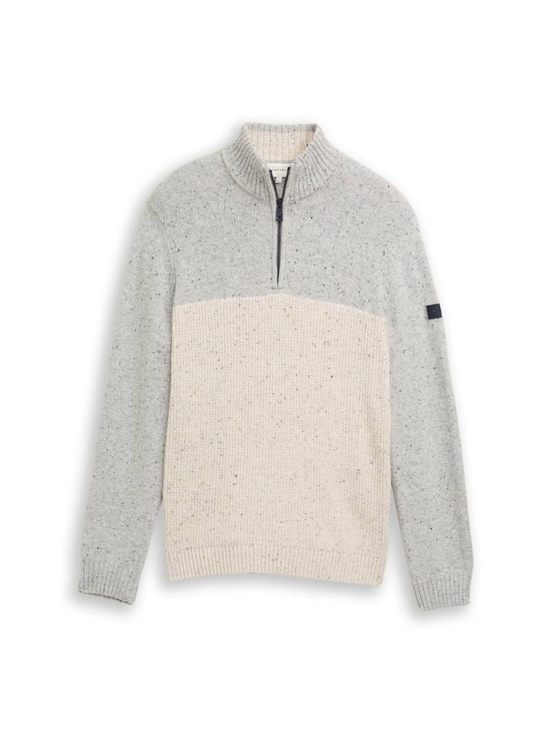 TOM TAILOR Herren Troyer Strickpullover mit Strukturmix, weiß, Colour Blocking, Gr. XL von Tom Tailor