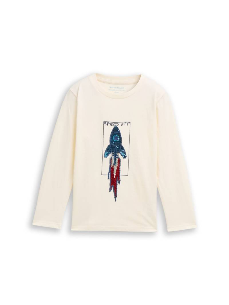 TOM TAILOR Jungen Langarmshirt mit Wendepailletten, weiß, Uni, Gr. 128/134 von Tom Tailor