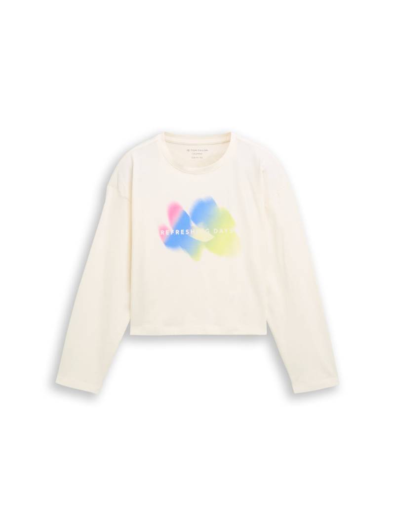 TOM TAILOR Mädchen Cropped Langarmshirt mit Print, weiß, Uni, Gr. 152 von Tom Tailor