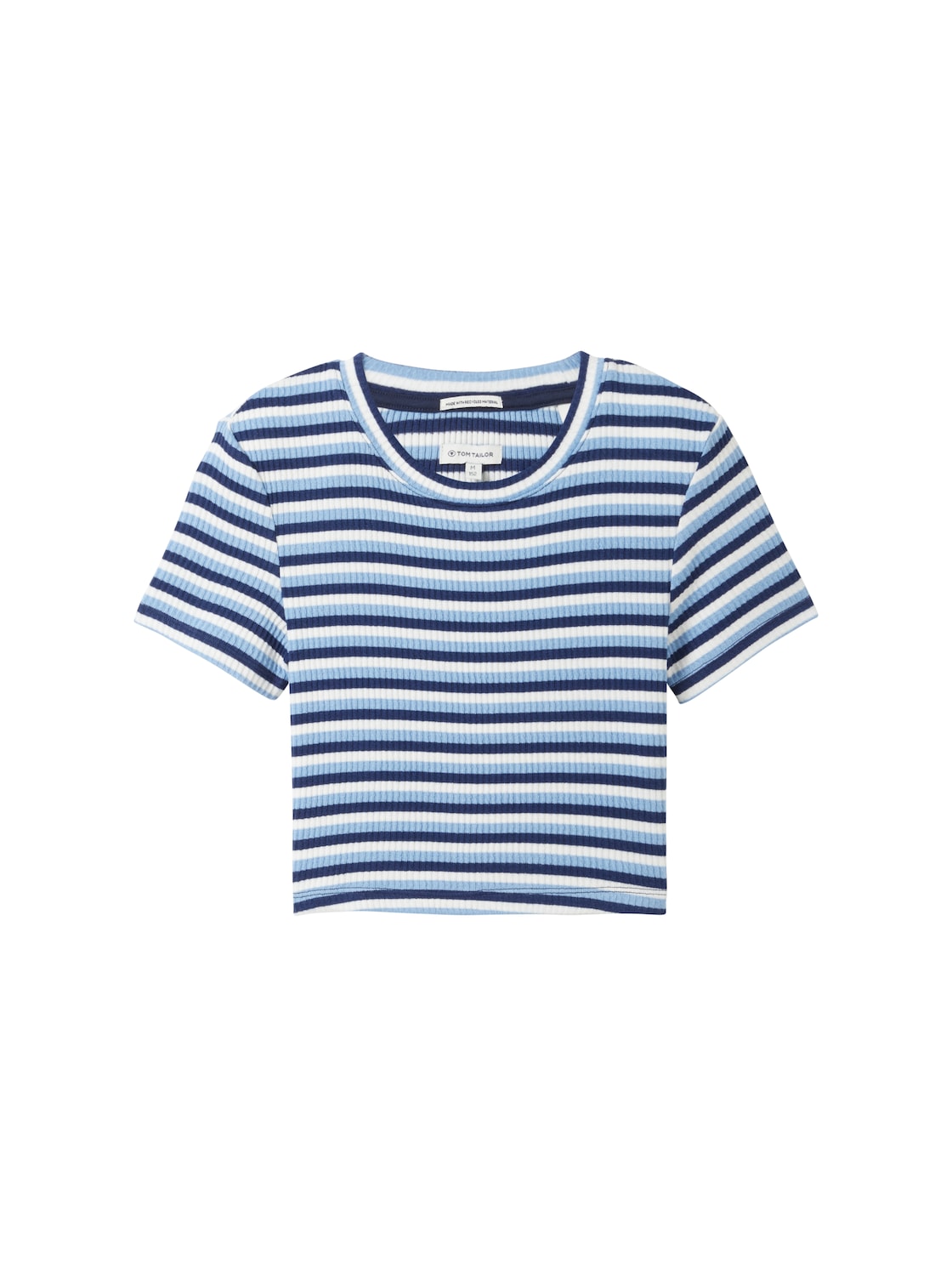 TOM TAILOR Mädchen Cropped T-Shirt mit recyceltem Polyester, blau, Streifenmuster, Gr. 176 von Tom Tailor