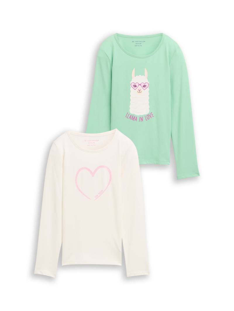 TOM TAILOR Mädchen Langarmshirt mit Print im 2er-Pack, weiß, Uni, Gr. 104/110 von Tom Tailor