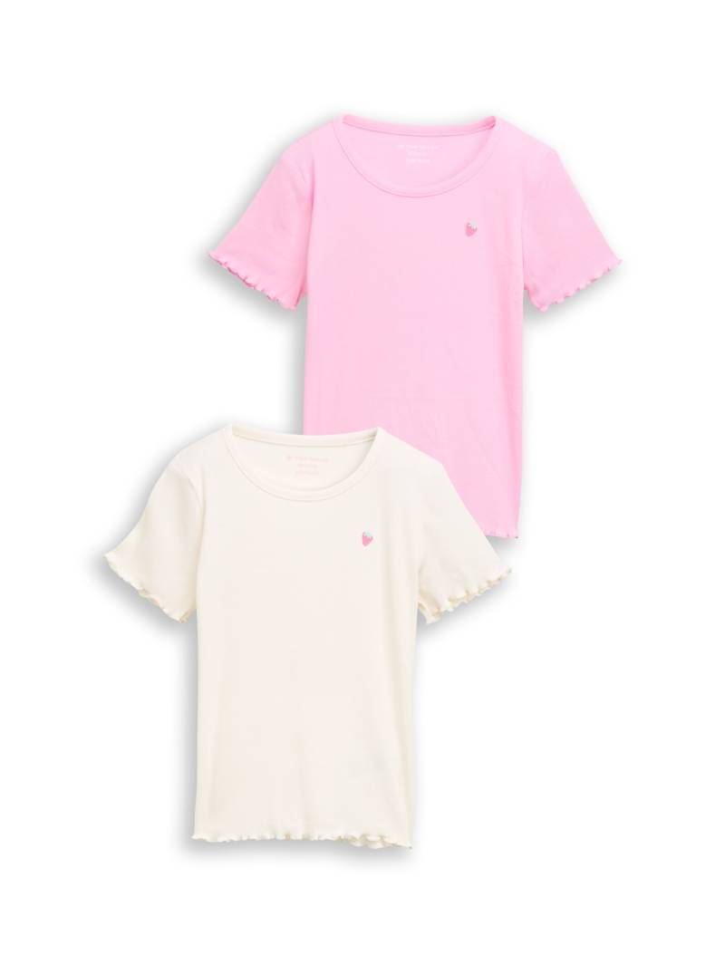 TOM TAILOR Mädchen Ripp T-Shirt mit Print im 2er-Pack, weiß, Uni, Gr. 128/134 von Tom Tailor