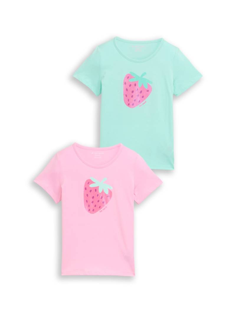 TOM TAILOR Mädchen T-Shirt mit Folien-Print im 2er-Pack, grün, Uni, Gr. 104/110 von Tom Tailor