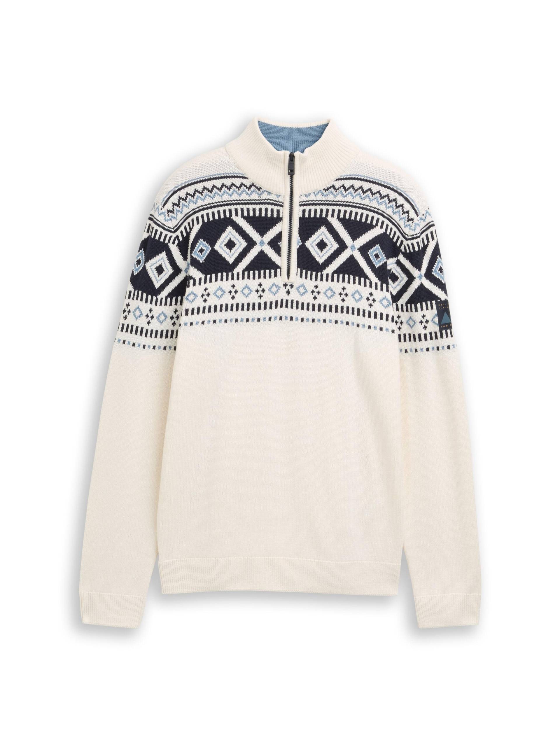 Tom Tailor - Fair-Isle Troyer Strickpullover offwhite fair isle design - Gr. - M von Tom Tailor