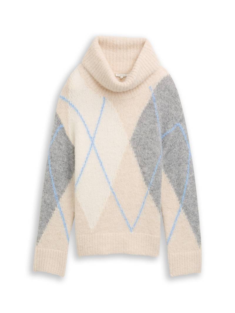 Tom Tailor - Oversize Rollkragenpullover mit Wollanteil beige grey argyle knit design - Gr. - S von Tom Tailor