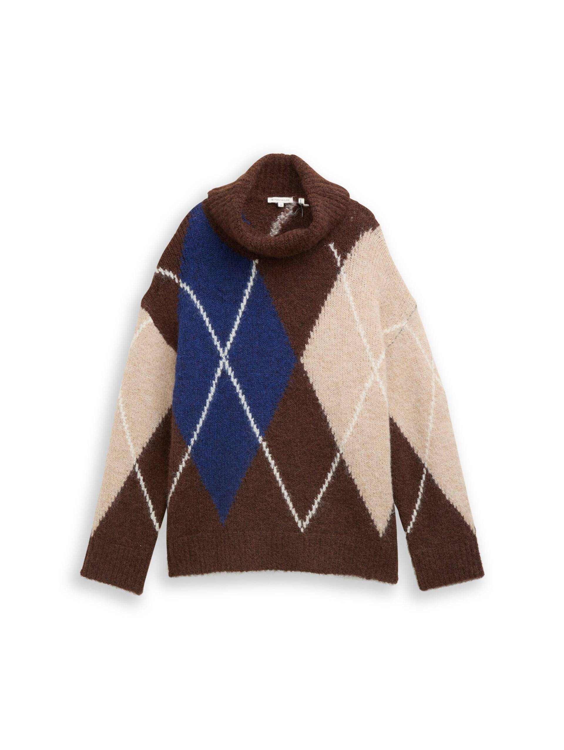 Tom Tailor - Oversize Rollkragenpullover mit Wollanteil brown blue argyle knit dsign - Gr. - XS von Tom Tailor
