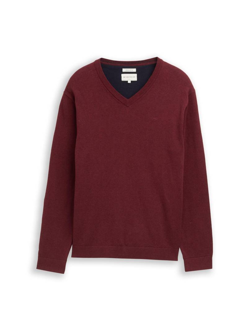 Tom Tailor - Strickpullover mit V-Ausschnitt aus Baumwolle bordeaux melange - Gr. - L von Tom Tailor