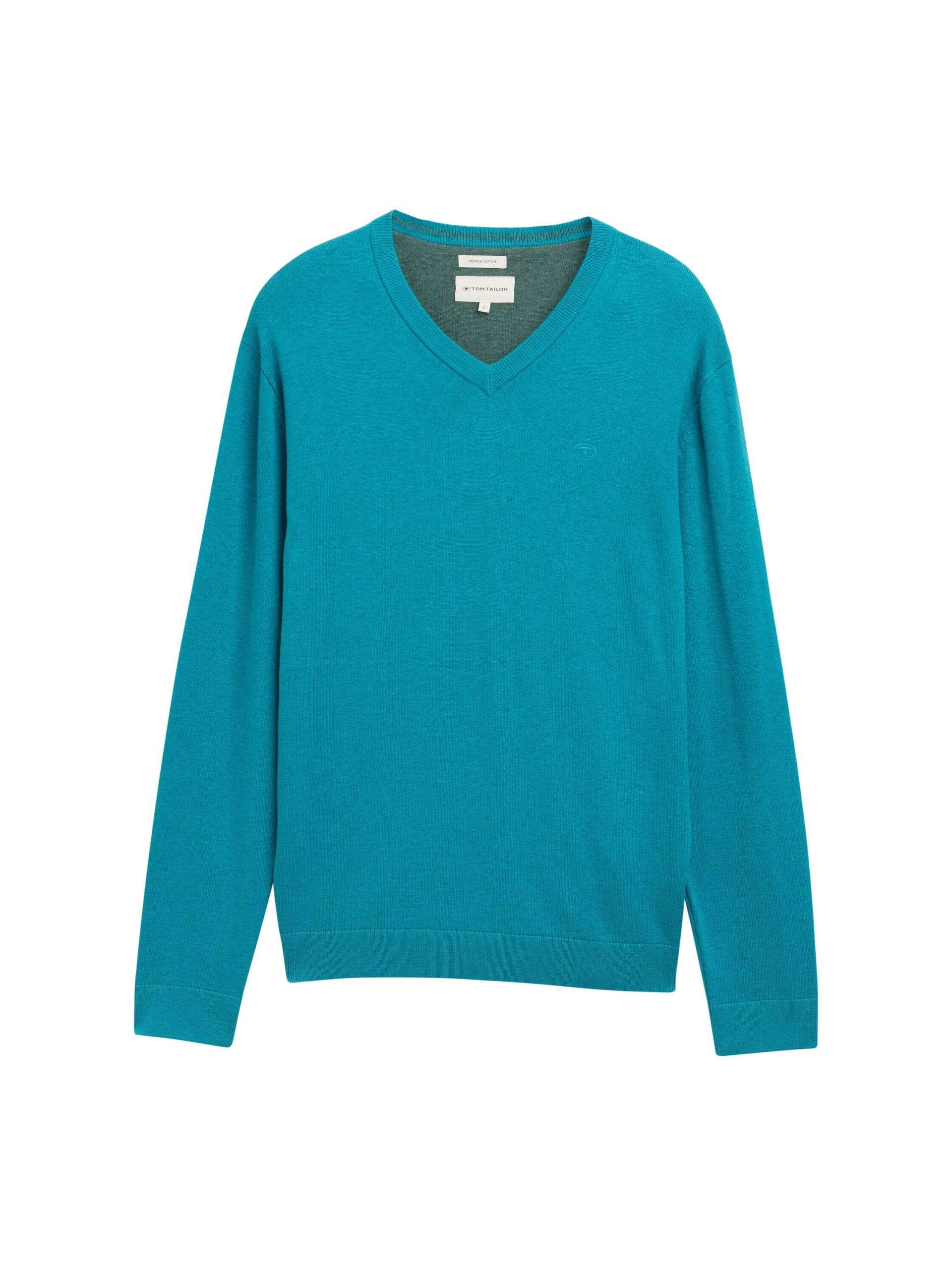 Tom Tailor - Strickpullover mit V-Ausschnitt aus Baumwolle turquoise blue melange - Gr. - XXL von Tom Tailor