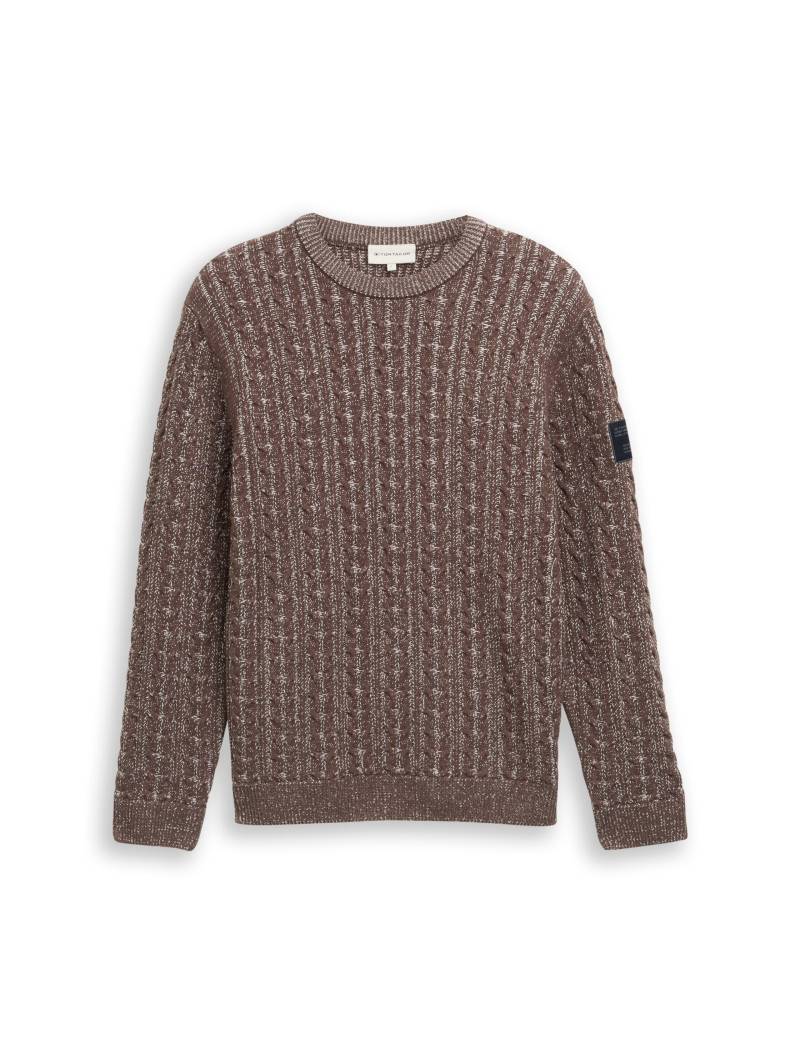 Tom Tailor - Strickpullover mit Zopfmuster brown offwhite plated - Gr. - M von Tom Tailor