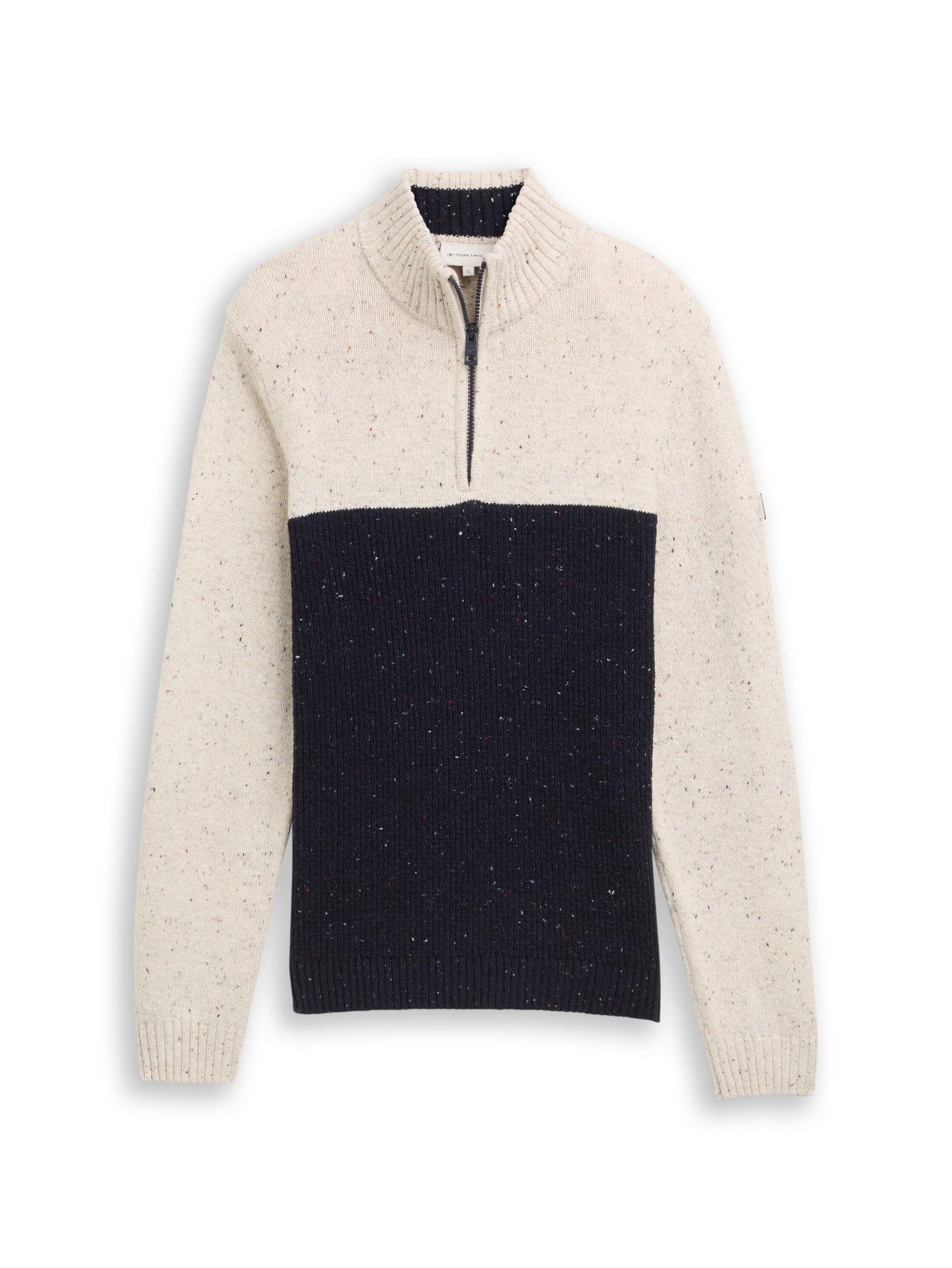 Tom Tailor - Troyer Strickpullover mit Strukturmix offwhite navy color block - Gr. - M von Tom Tailor