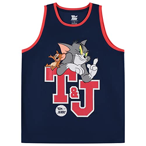 Herren Tom & Jerry Basketballtrikot – Klassisches Hanna-Barbera Mesh Basketball Tank Top – Vintage Cartoon Mesh Jersey Tank Top, Marineblau, XL von Tom and Jerry