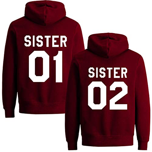 Best Friends Pullover für Zwei Mädchen Beste Freunde Hoodie für Sister Freundin Schwester Kapuzenpullover Damen Pulli BFF Geschenke Sister Pullover Set (SISTER 01 - Weinrot - 1 Stück, XXL) von Tom's Couples Shop