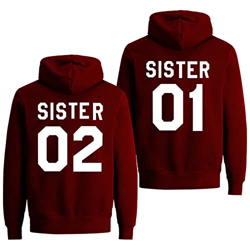 Best Friends Pullover für Zwei Mädchen Beste Freunde Hoodie für Sister Freundin Schwester Kapuzenpullover Damen Pulli BFF Geschenke Sister Pullover Set (Sister 02 - Weinrot - 1 Stück, M) von Tom's Couples Shop