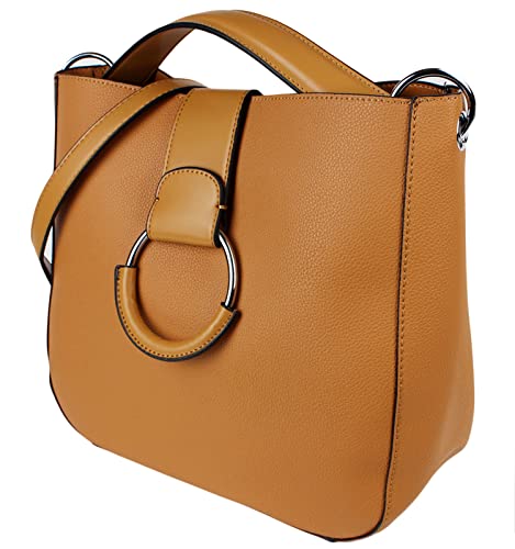 Tom & Eva Damen Shopper Tasche - Beuteltasche mit Herausnehmbarer Innentasche, Kunstleder Handtasche, Cognac Braun von Tom & Eva